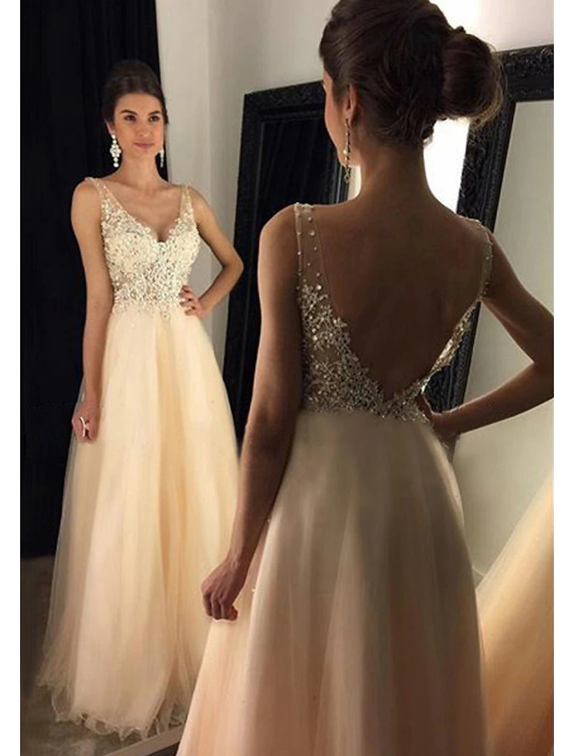 A-Linien-Ballkleider, Sparkle & Shine, formelles, bodenlanges, ärmelloses Kleid mit V-Ausschnitt, Tüll und V-Rücken mit Perlenapplikationen